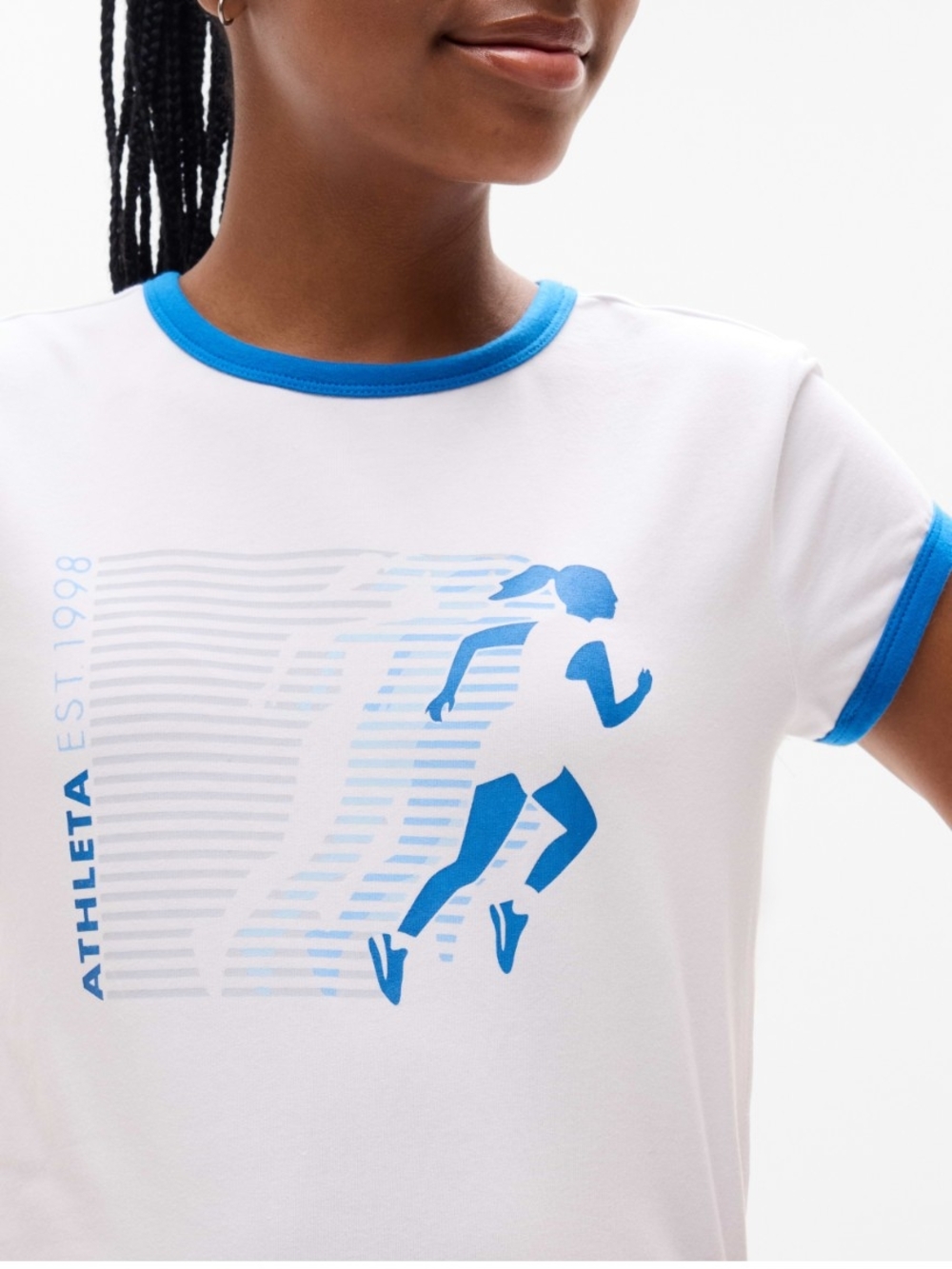 Athleta Girl Right Moves Core Tee (White/Blue Ringer)